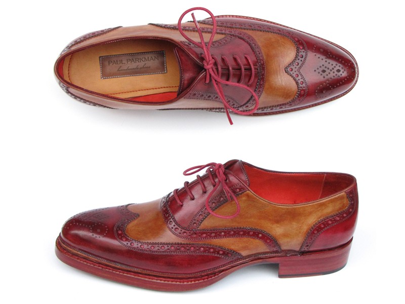 Paul Parkman 027 Burgundy & Camel Genuine Triple Leather Sole Wingtip Brogues Shoes